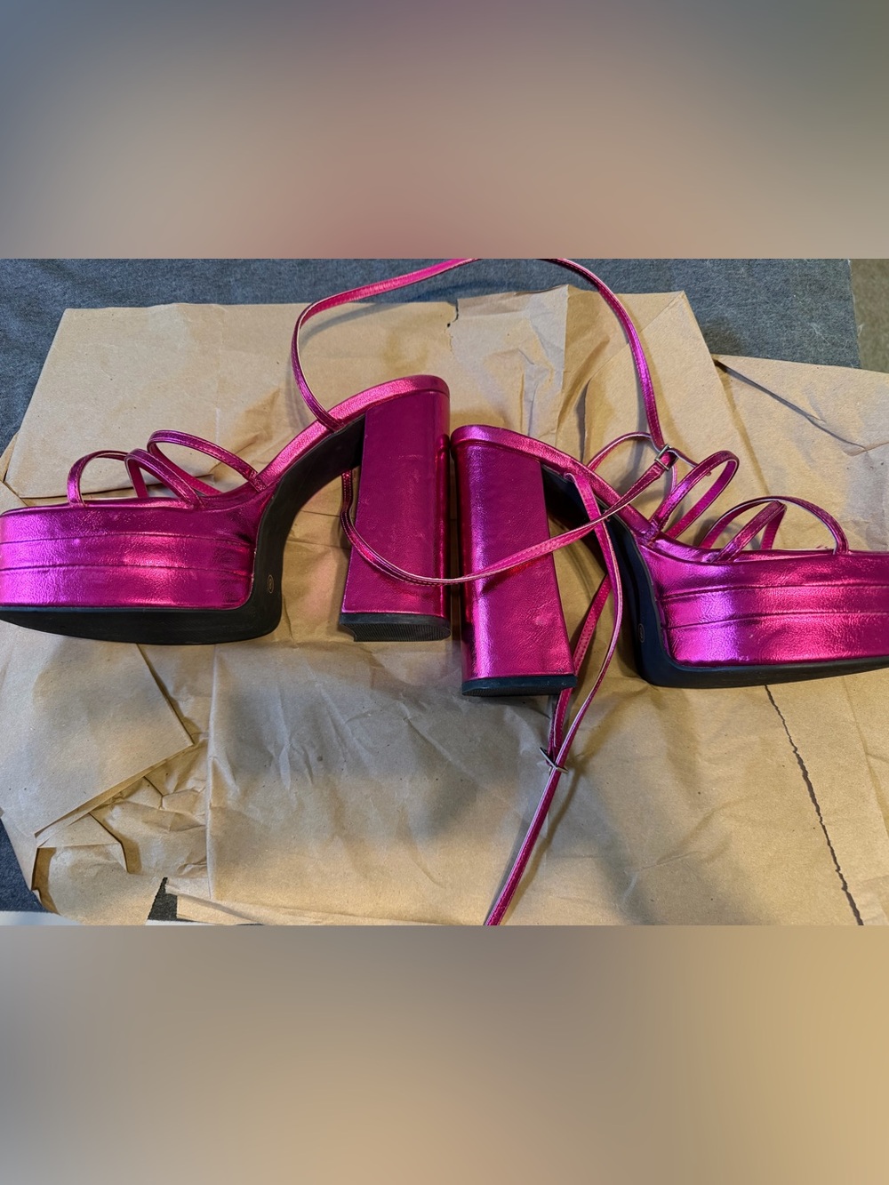 Azalea Wang Metallic Hot Pink Platform Strappy Heels with Wrap Ankle Ties - Picture 6 of 9
